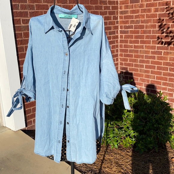 NWT Karlie puff sleeve jean top large - Picture 3 of 4